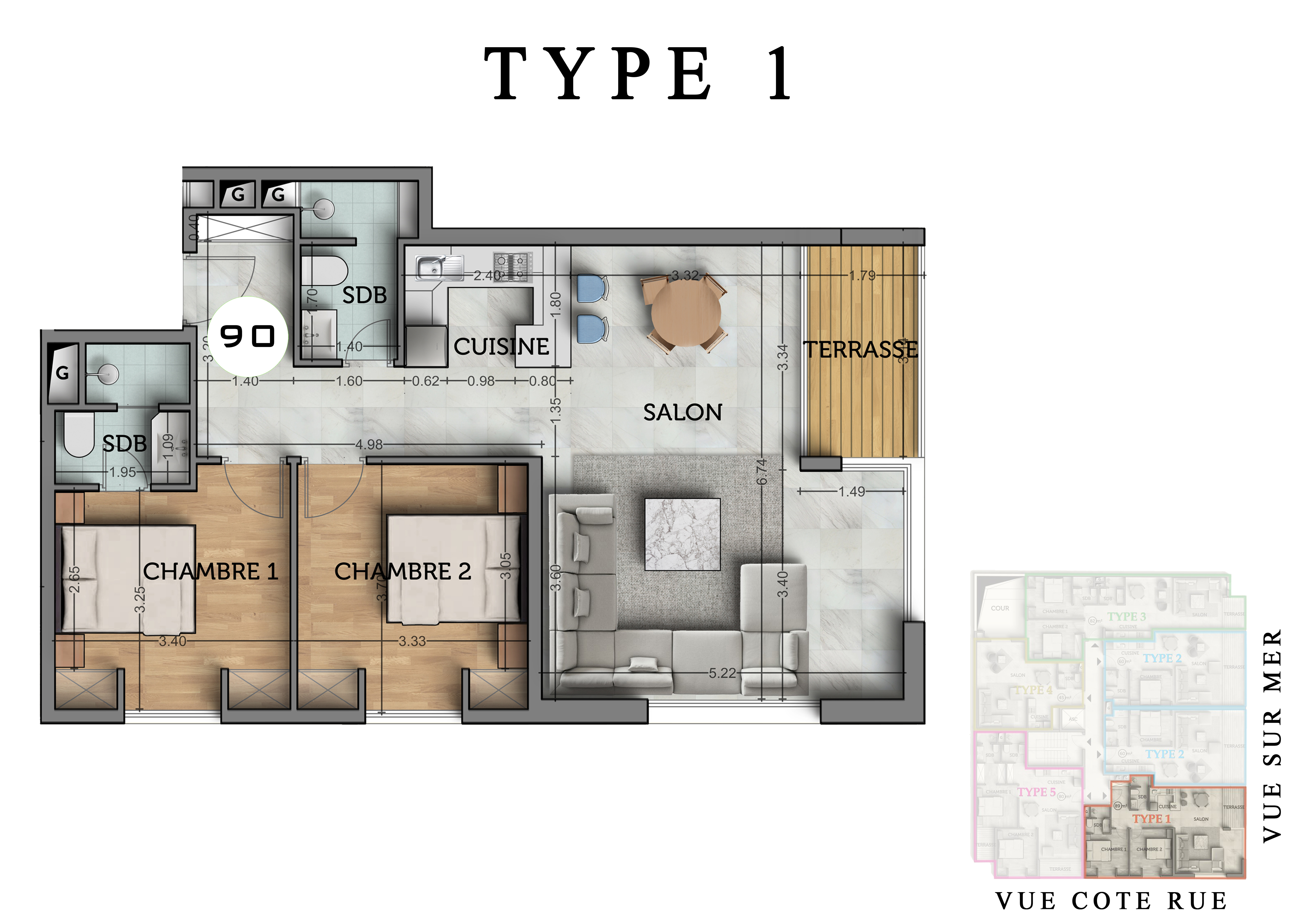 The View II — plan appartement Type 1, deux chambres, 90 m²