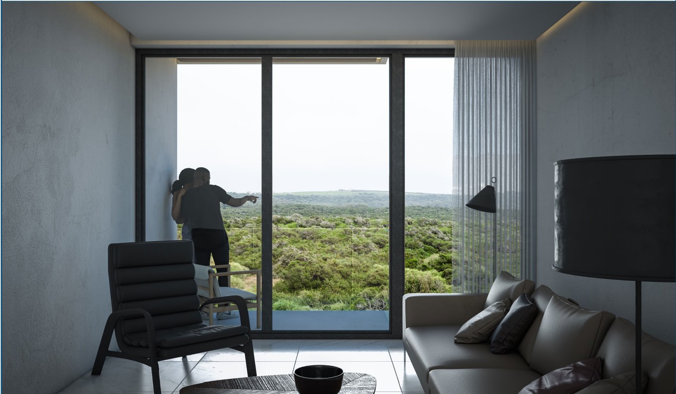The View IV — séjour avec baie vitrée sur la forêt de Sidi Boughaba